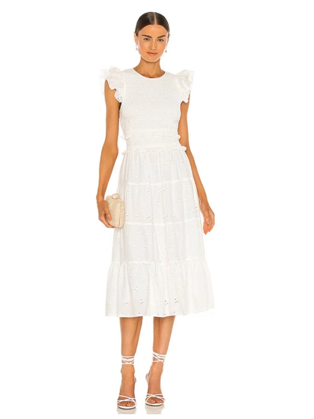 Gorgeous Cleobella Emmy Dress White Smocked Eyelet Tiered Midi Ruffle Sleeve